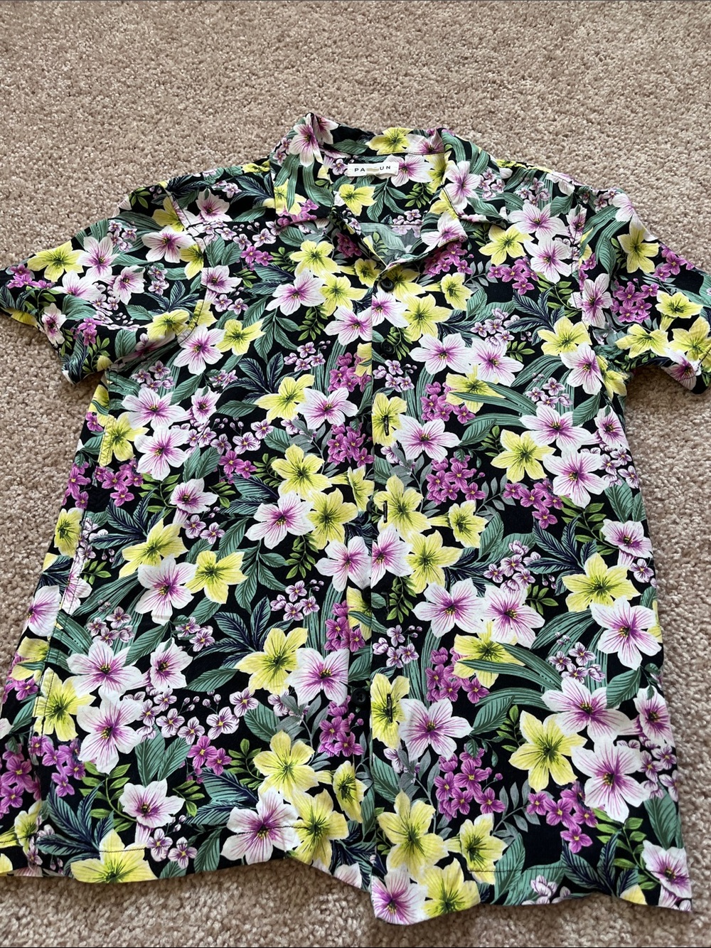 PacSun Black Short-Sleeve Floral Button-Up with Yellow & Pink Flowers